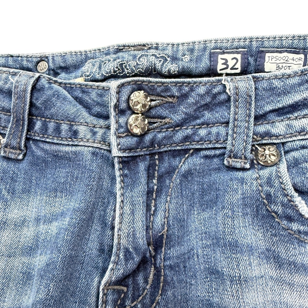 Miss Me Womens Jeans 32 Bootcut Blue Low Rise Distressed Embellished JP5002 - Picture 3 of 16